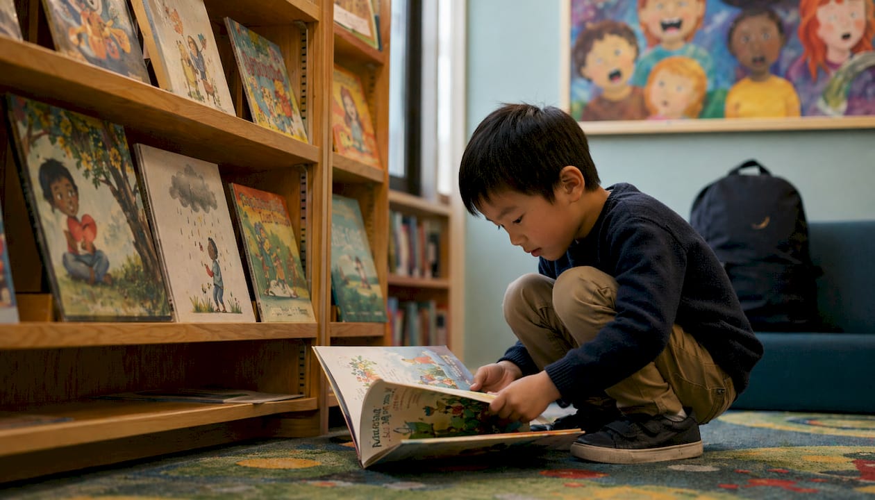 Child selecting grief book in library