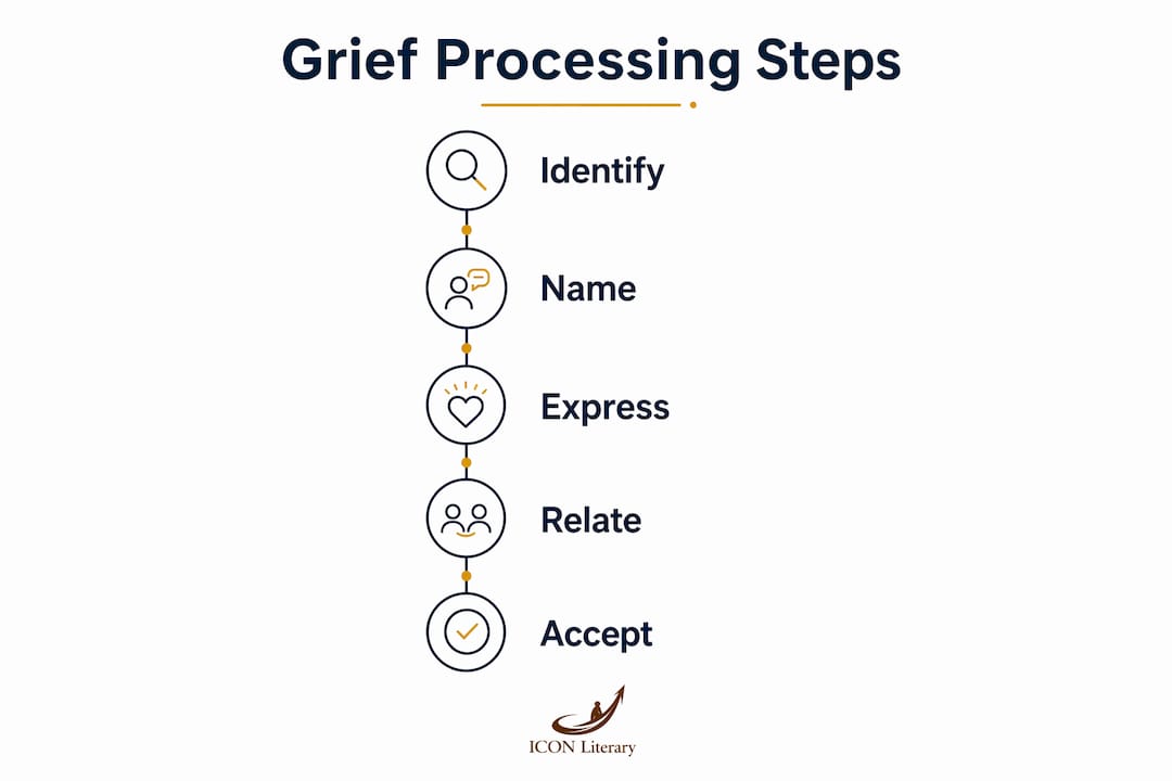 Infographic outlining grief processing steps for children