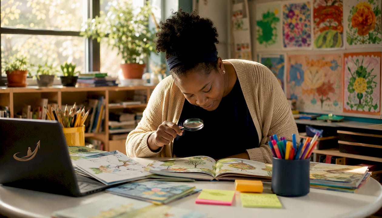 Teacher examining book illustrations closely