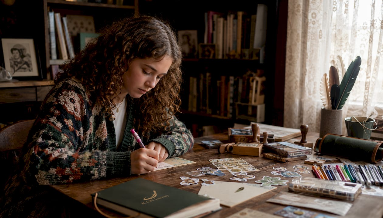 Teen girl decorating postcard at classroom desk