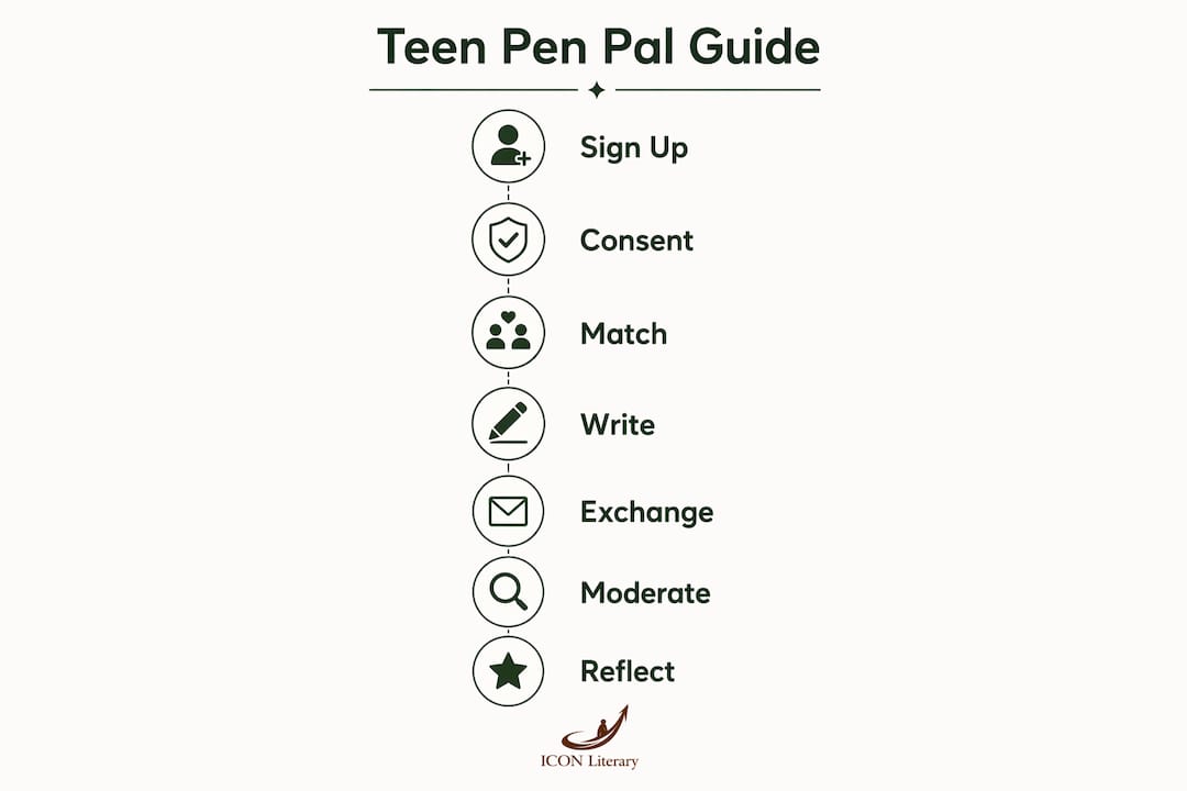 Infographic showing steps of teen pen pal program process