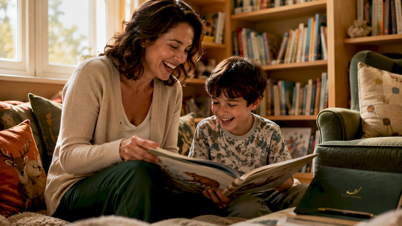 Therapist and child laughing during reading
