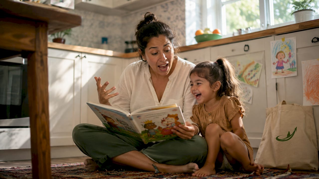 Caregiver reading humorous book to child