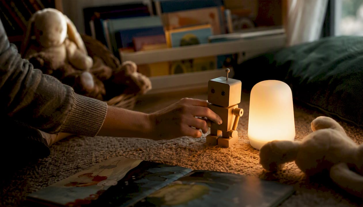 Caregiver hand rocking toy in softly lit bedroom