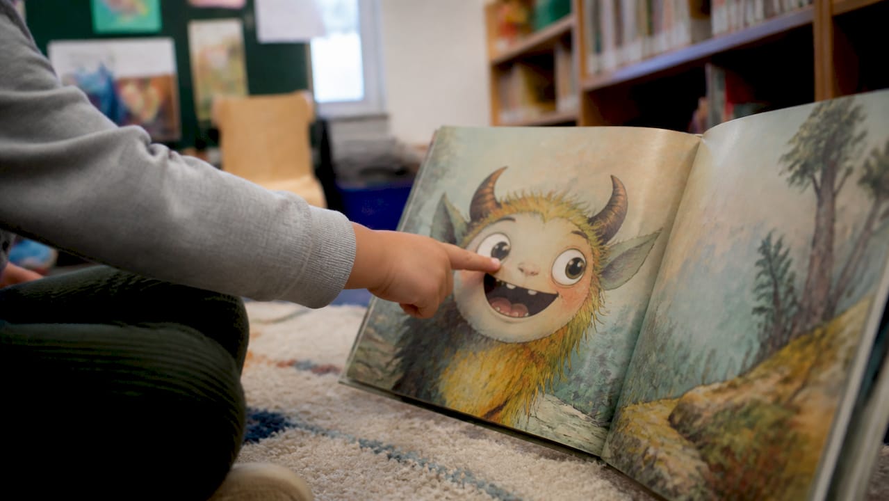 Child hand pointing at emotional character illustration