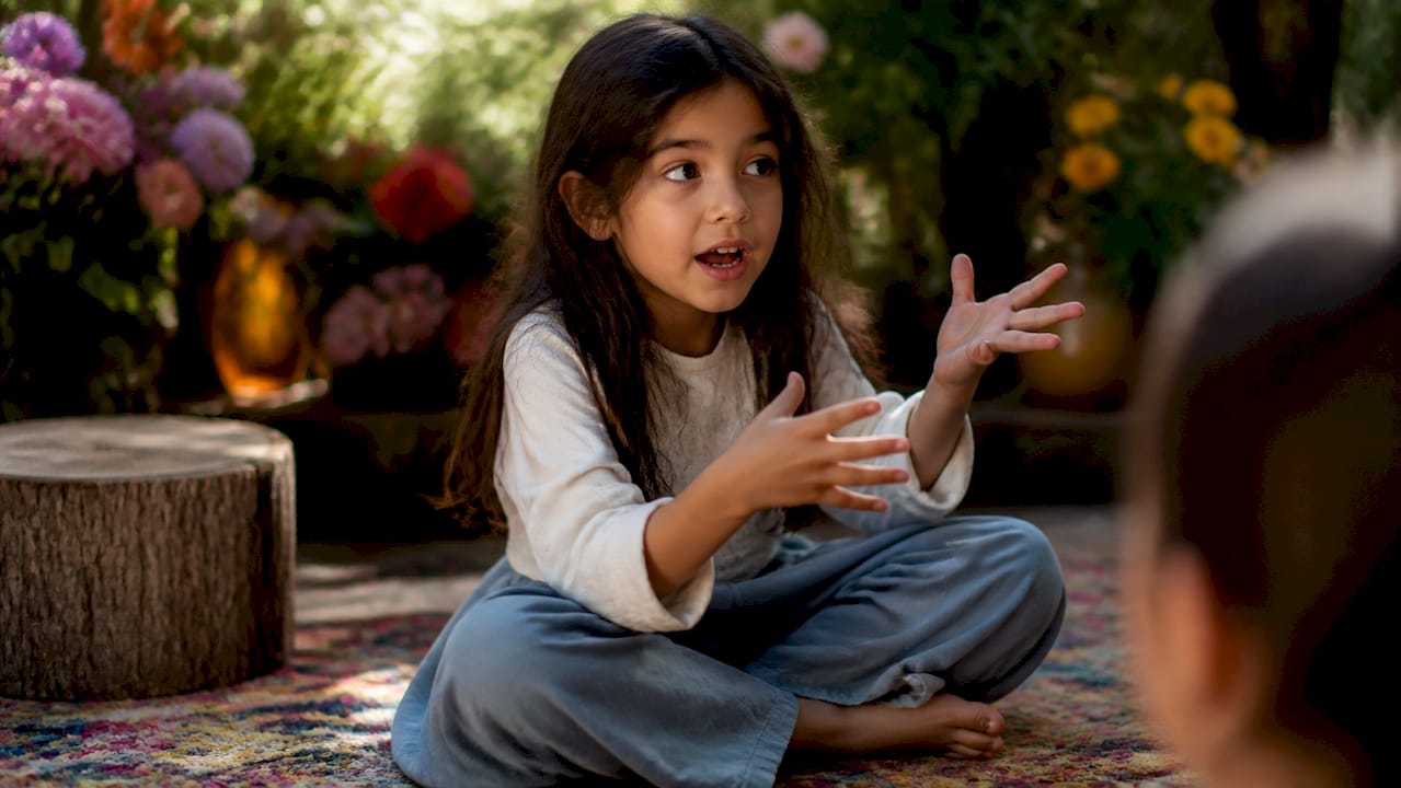 Child talking during storytelling warm-up
