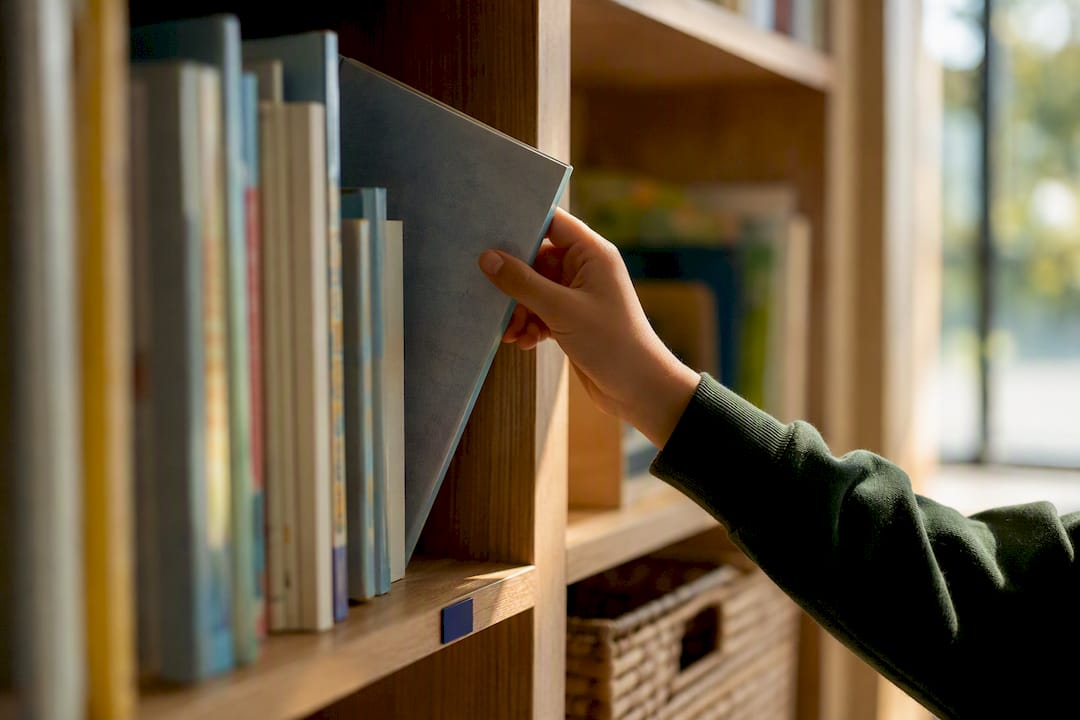 Child selecting a book from an SEL shelf
