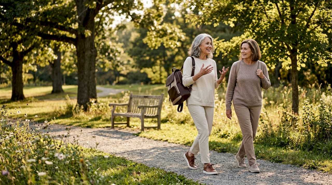Older women walking energetically in city park