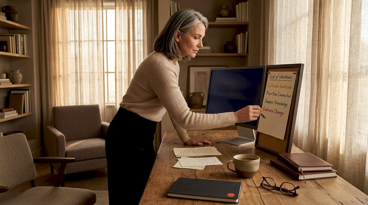 Woman reviews intentions in home office