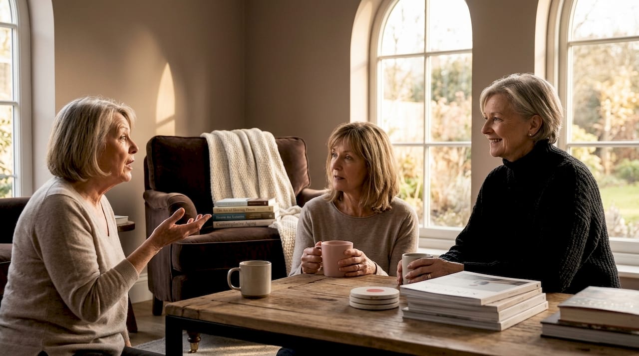Senior women socializing in bright living room