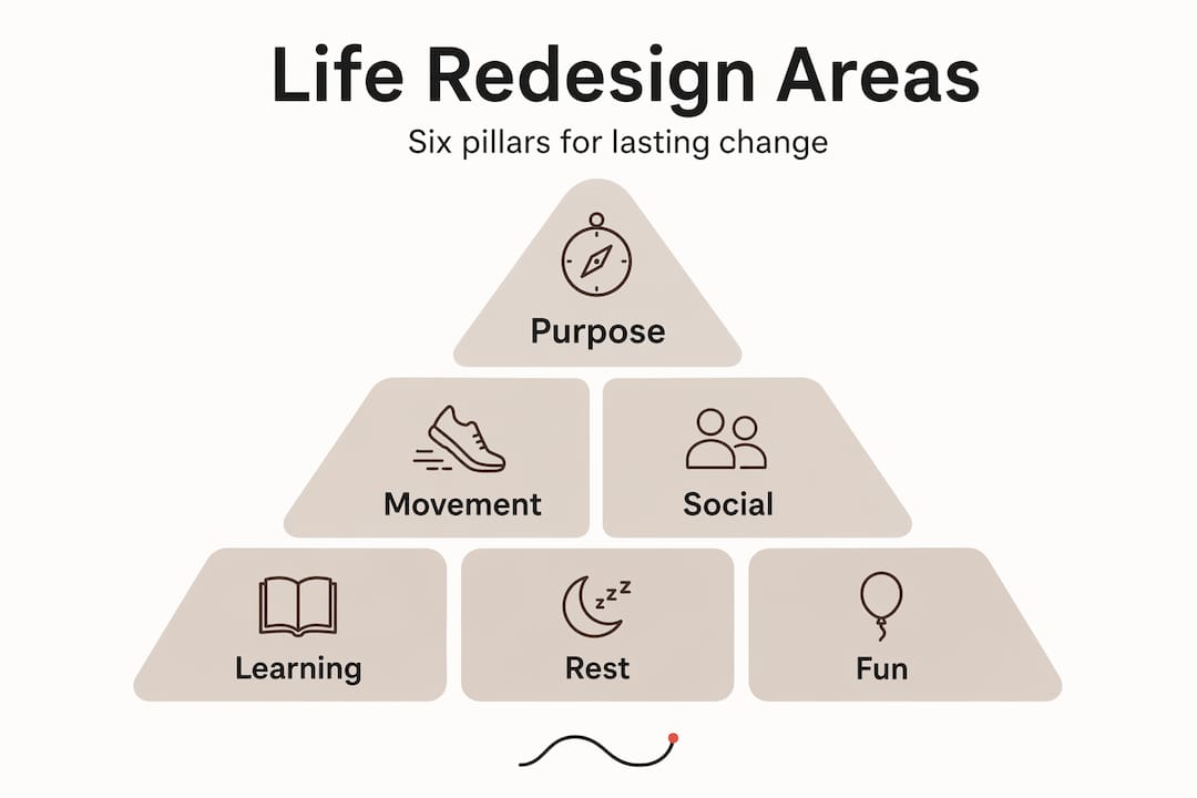 Infographic pyramid of six life redesign pillars
