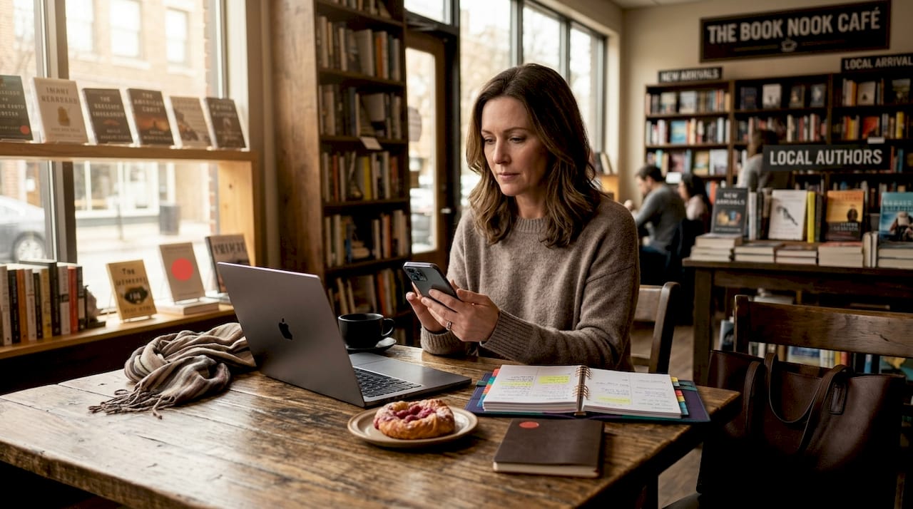 Midlife woman planning and reflecting at café table