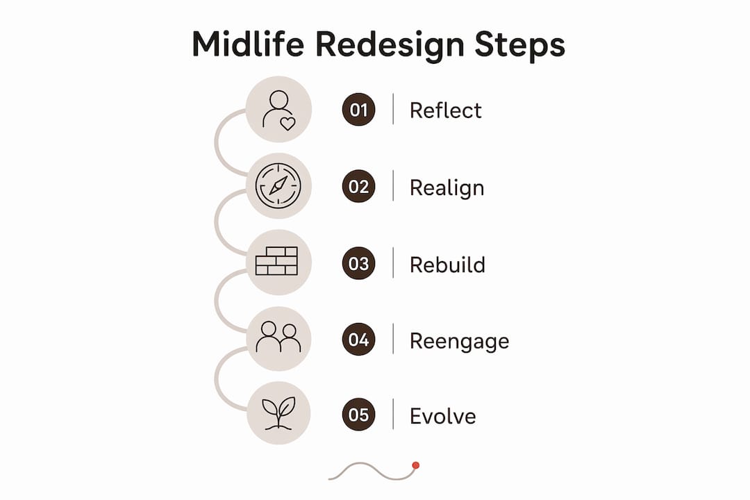 Infographic illustrating five steps of midlife redesign