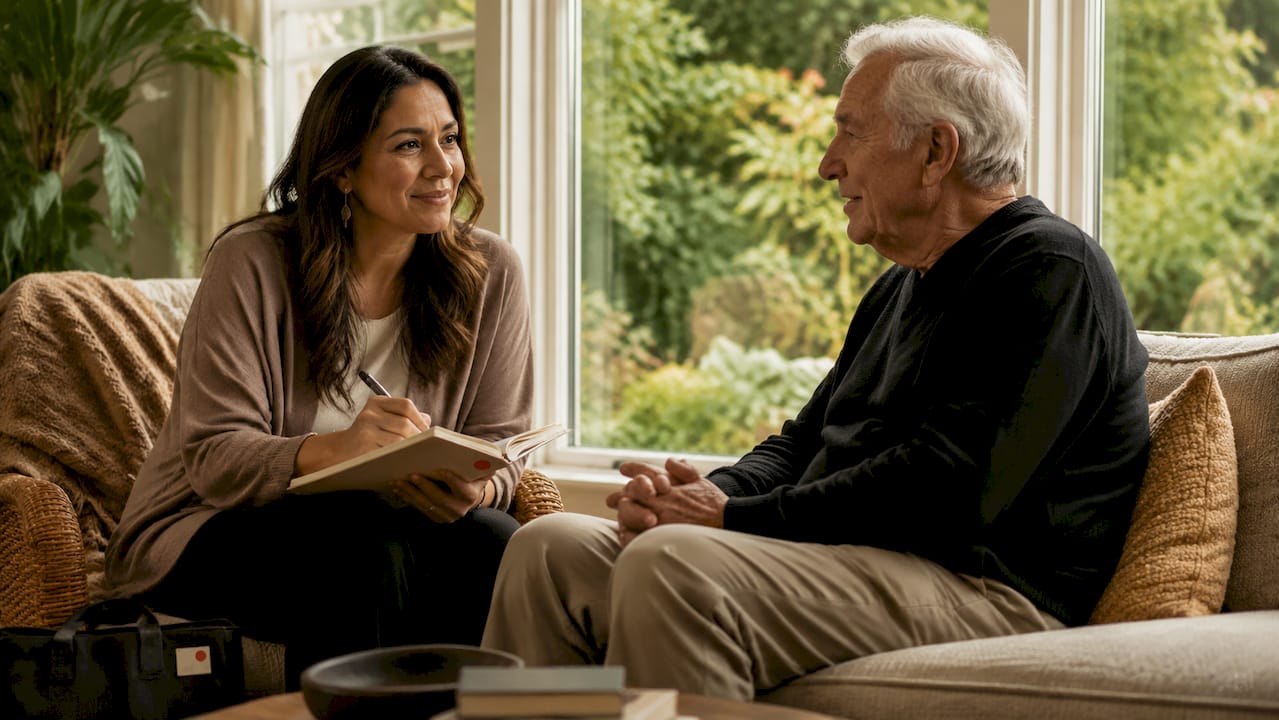 Therapist guiding senior man during life review session