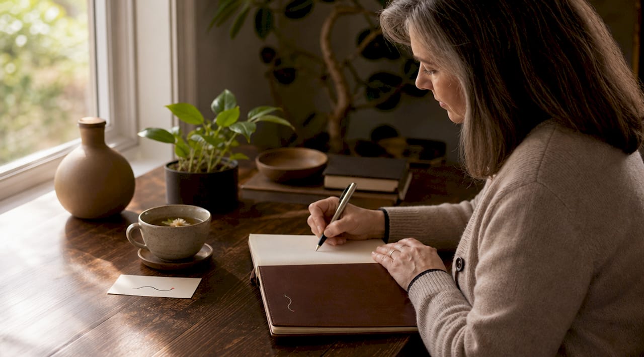 Hands writing in notebook at coffee shop table