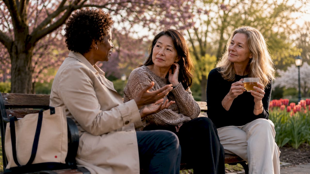 Women sharing emotional stories during group chat