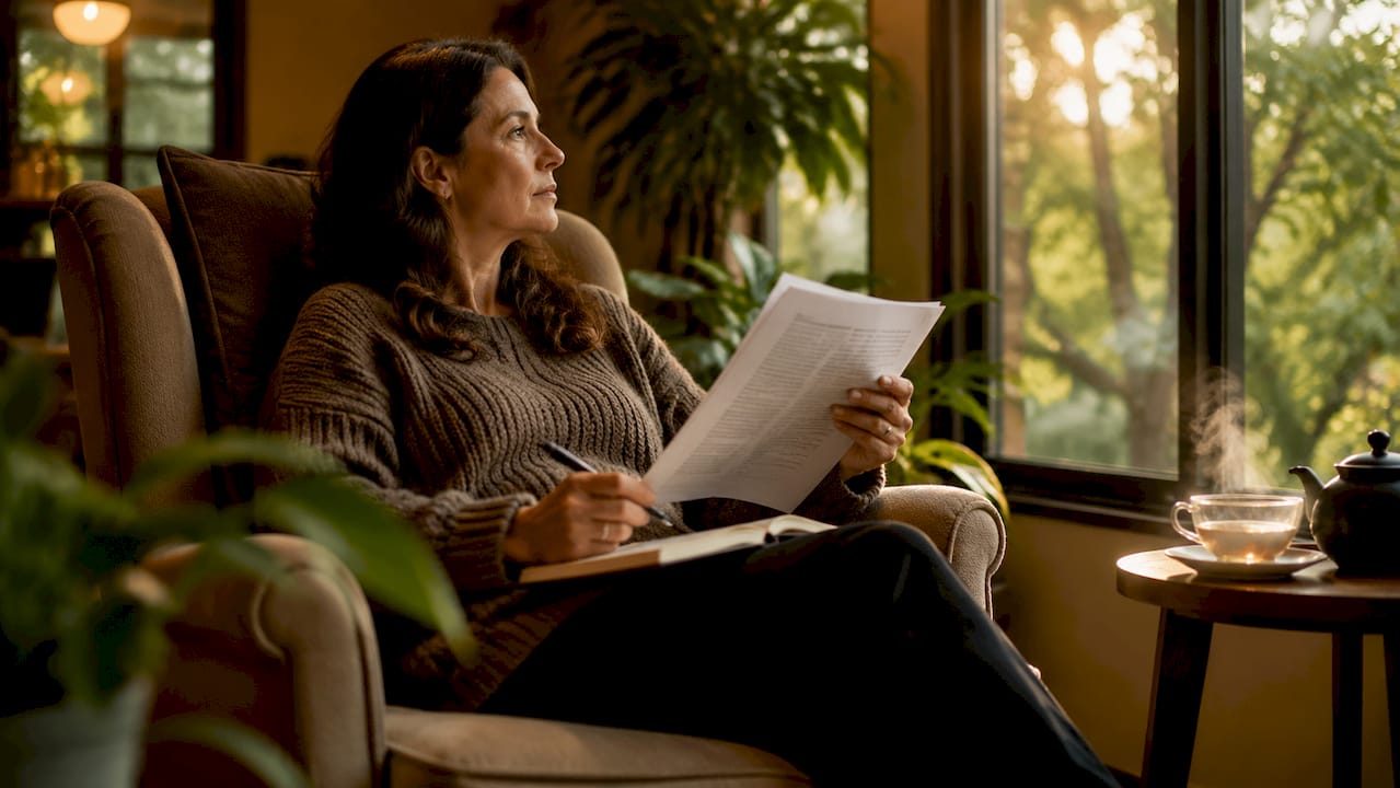 Woman reading research and taking notes in library nook