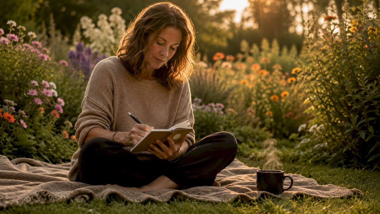 Woman writing reflections in notebook