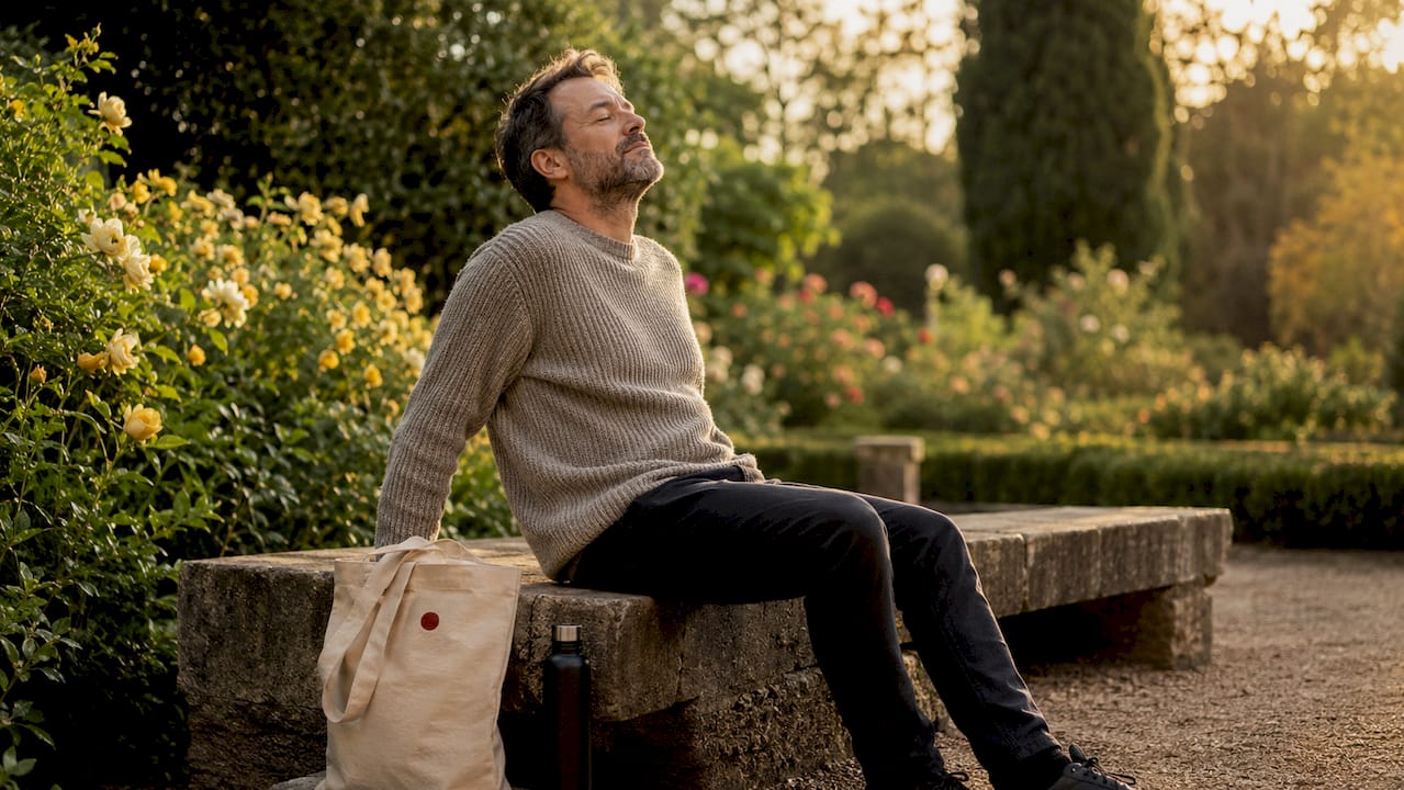 Man practicing mindfulness in quiet park
