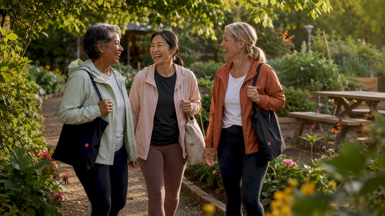 Three women enjoying a social walk in park