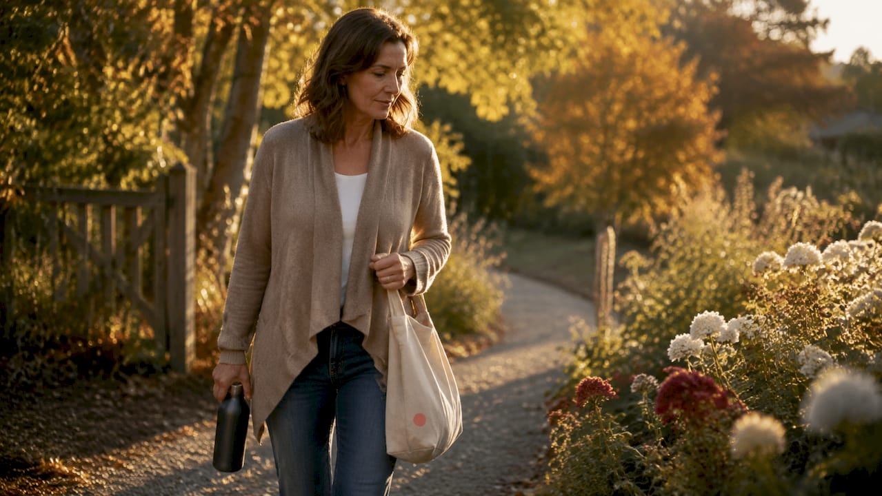 Woman walking contemplative midlife path outdoors