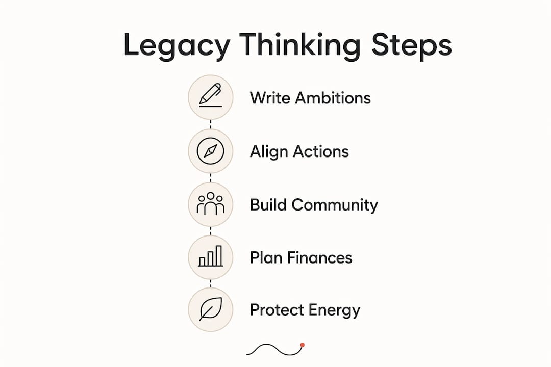 Infographic outlining five practical legacy thinking steps in midlife