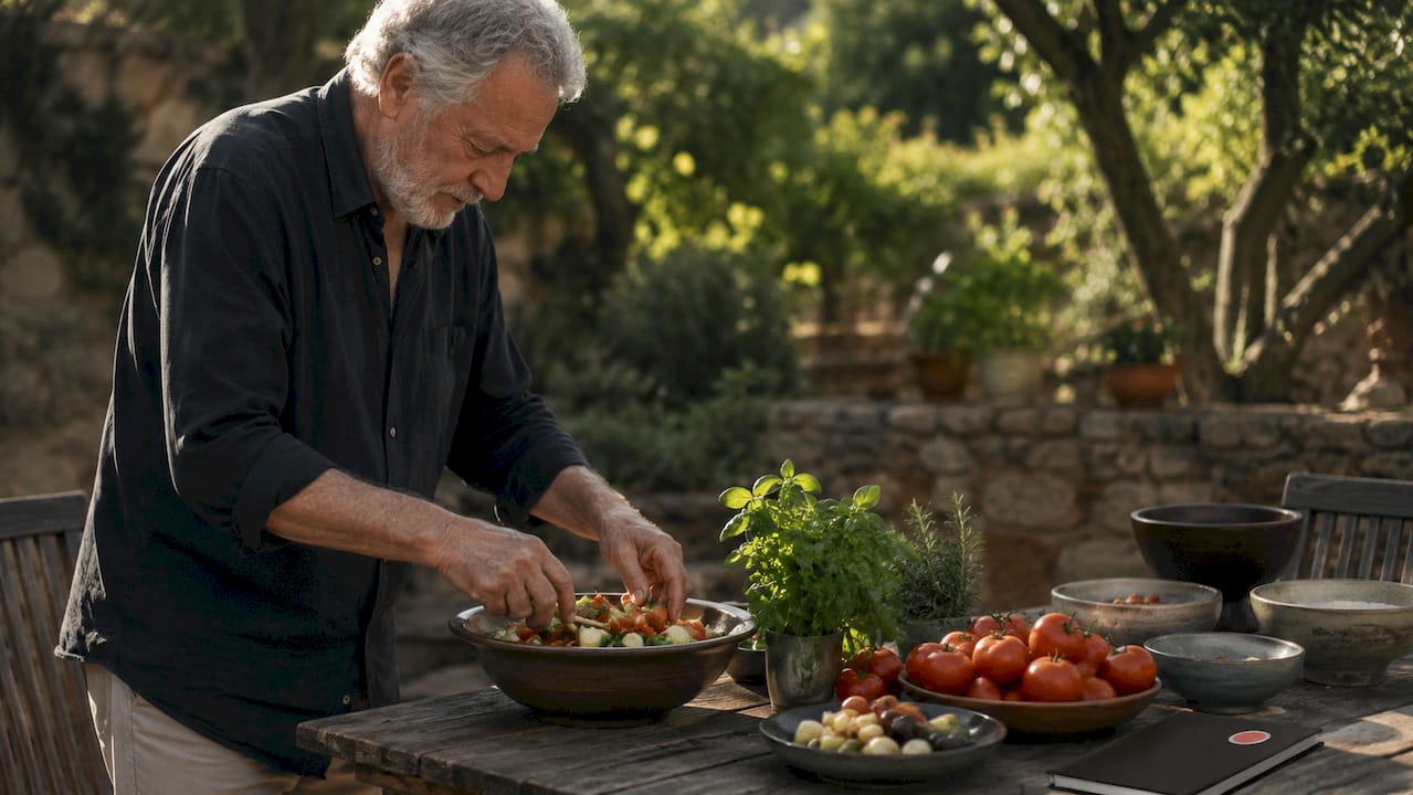 Elderly man preparing healthy Mediterranean meal