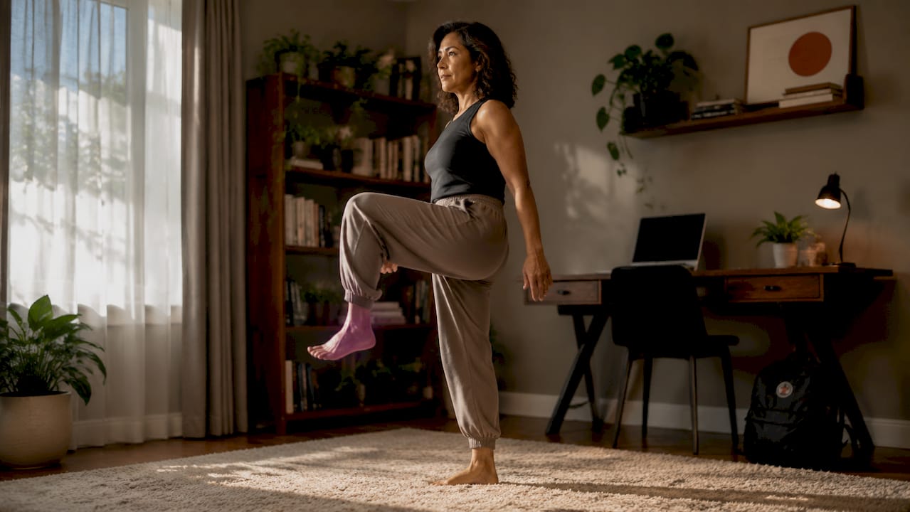 Woman testing balance in bright home living room