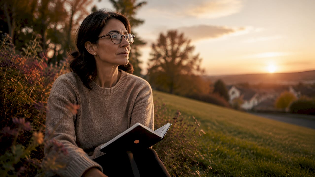 Woman reflecting on goals outdoors at park bench