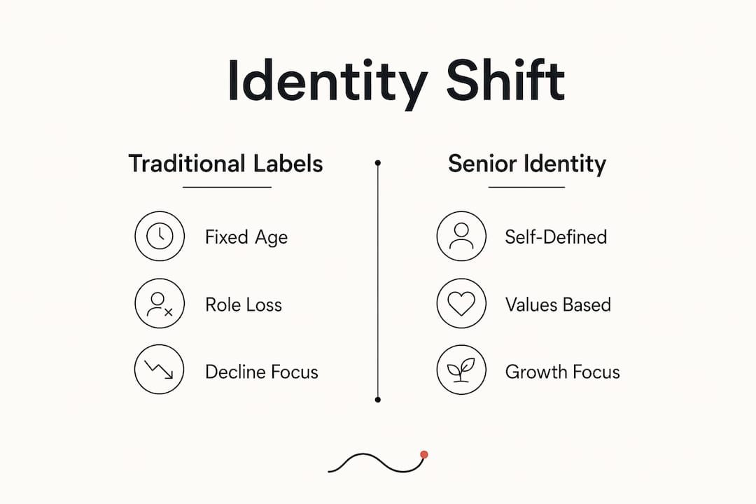 Infographic comparing traditional labels vs senior identity