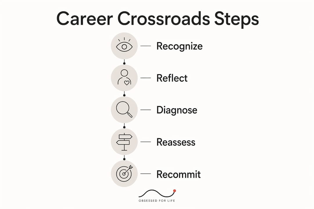 Infographic showing five steps for career and life reassessment at midlife