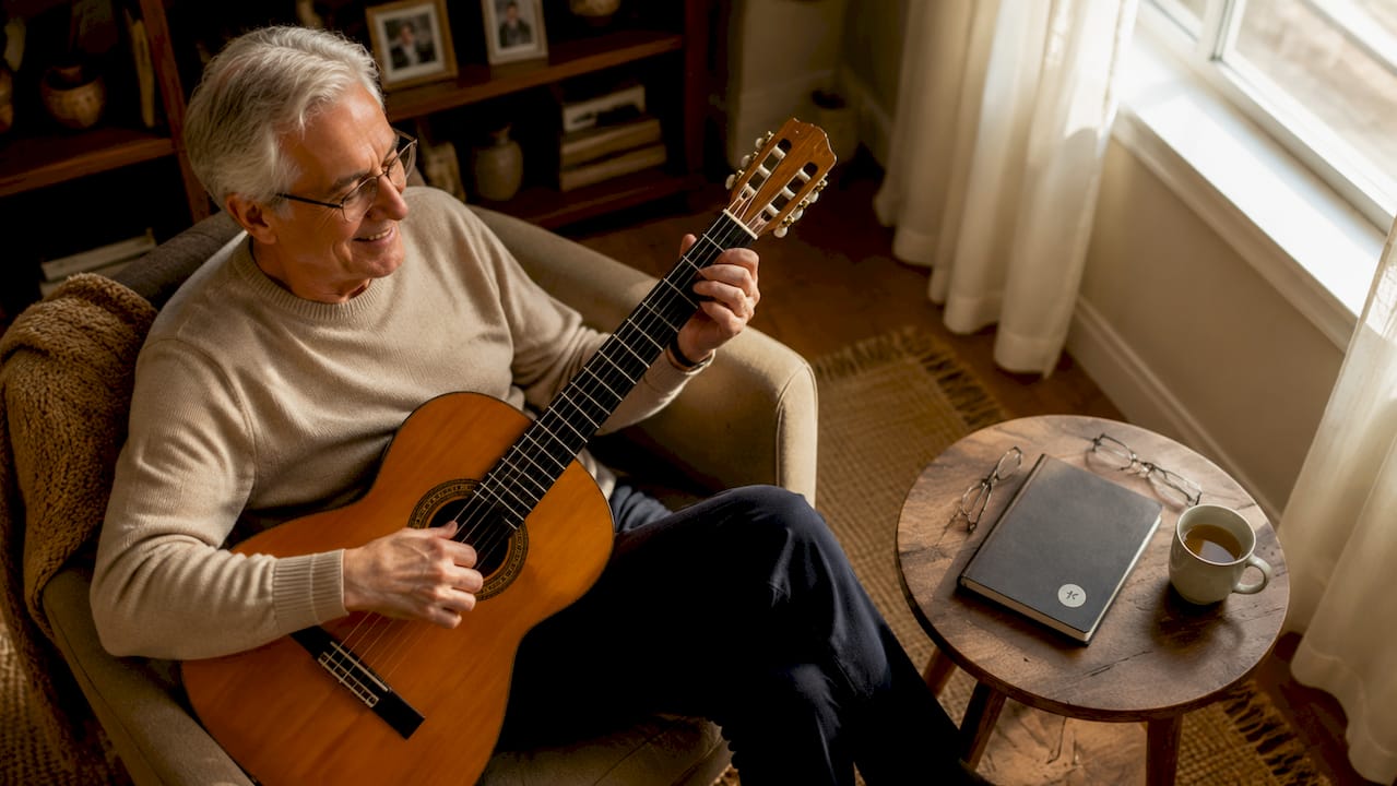 Senior man playing guitar in living room