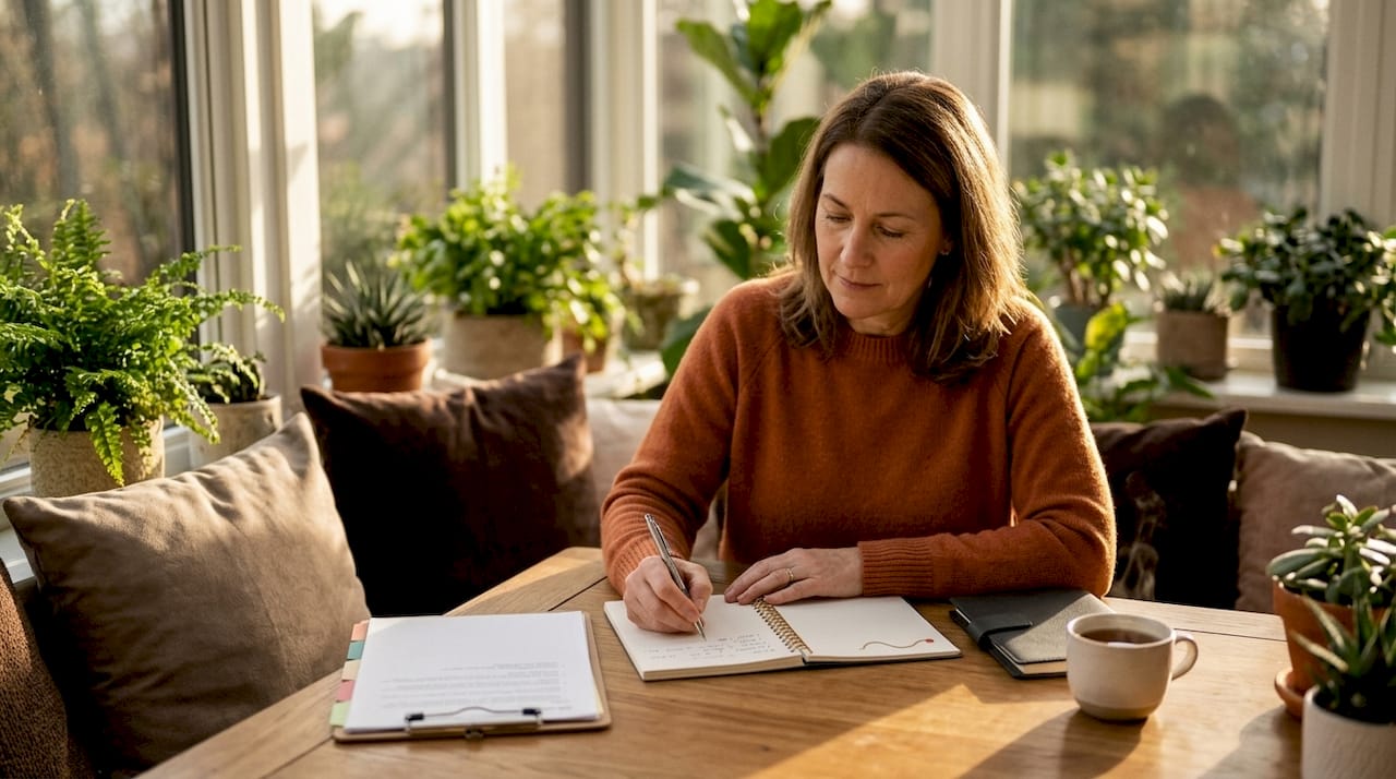 Woman writing retirement lifestyle notes at kitchen table