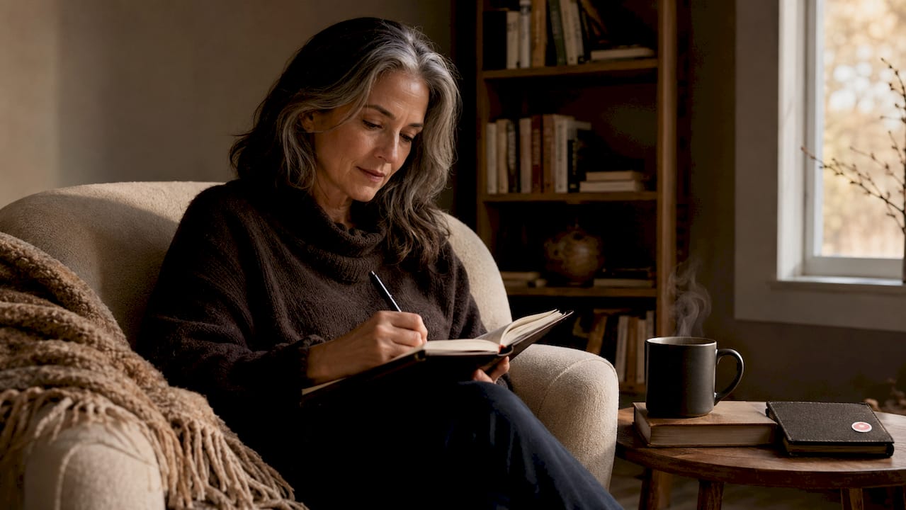 Midlife woman journaling in cozy home corner
