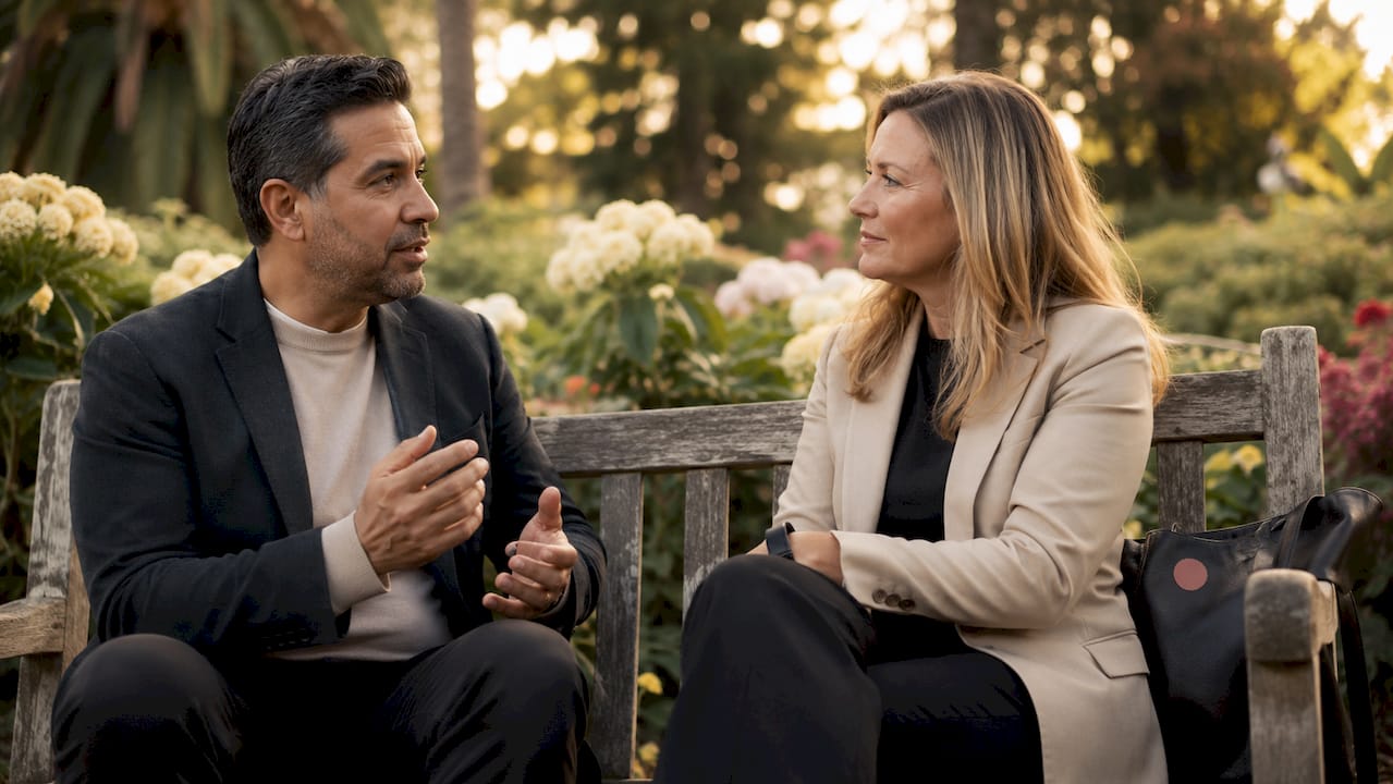 Two people discussing legacy in park