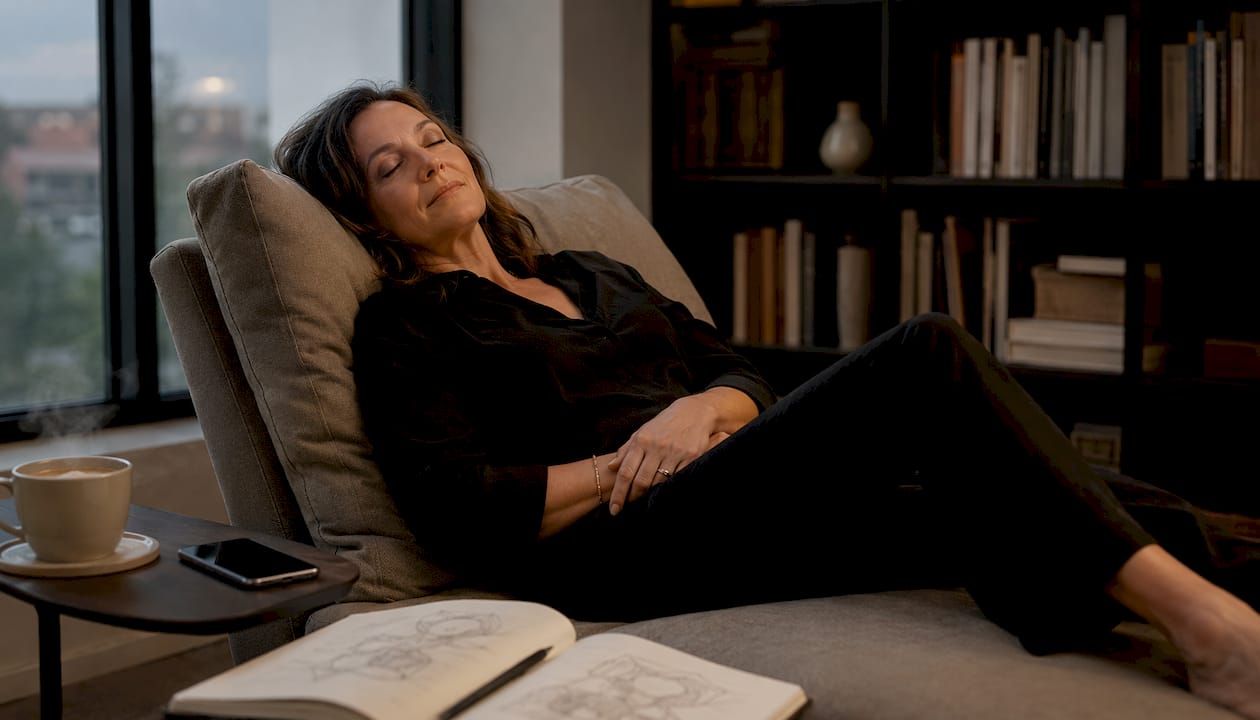 Woman resting peacefully on sofa after work