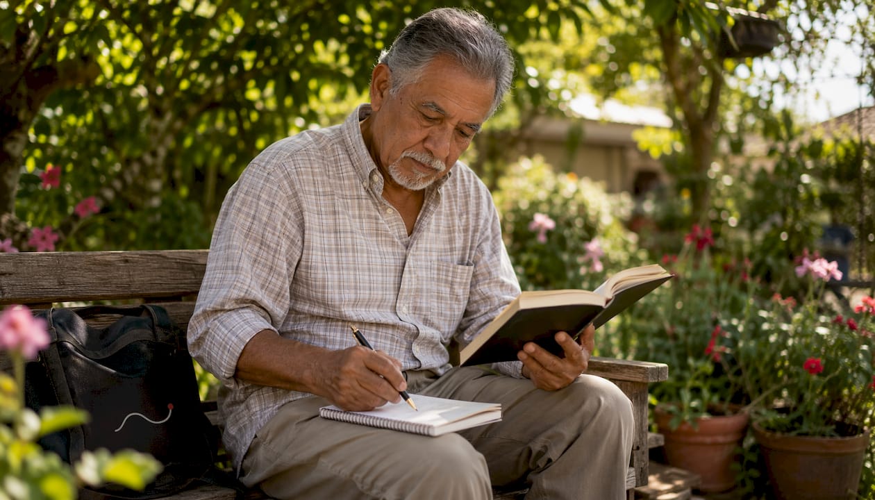 Older man studying at library table