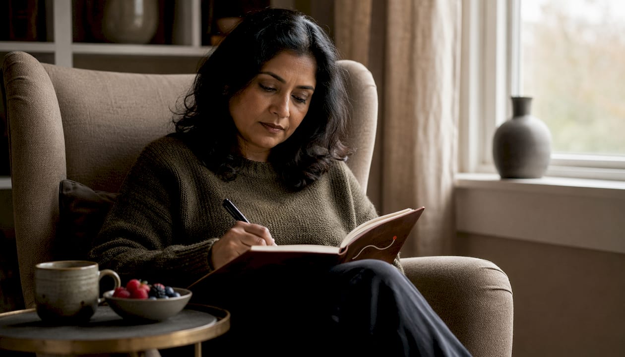 Woman journaling purpose at kitchen table