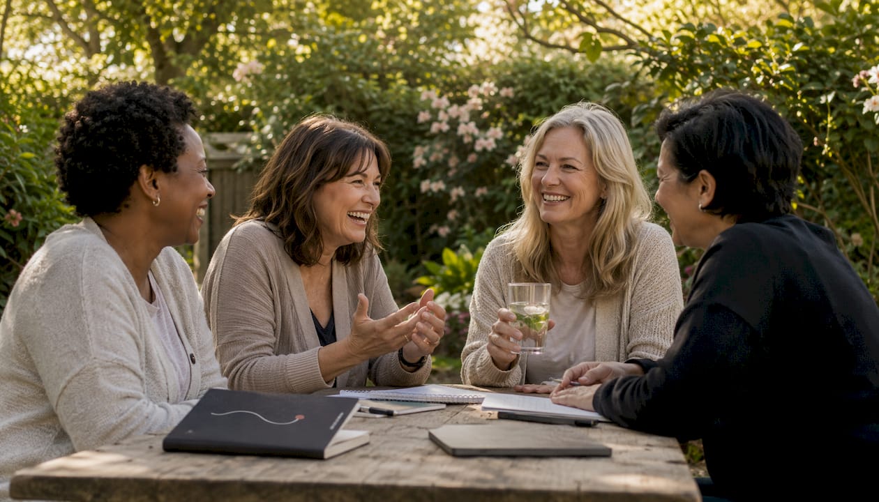 Women group chatting outdoors in park