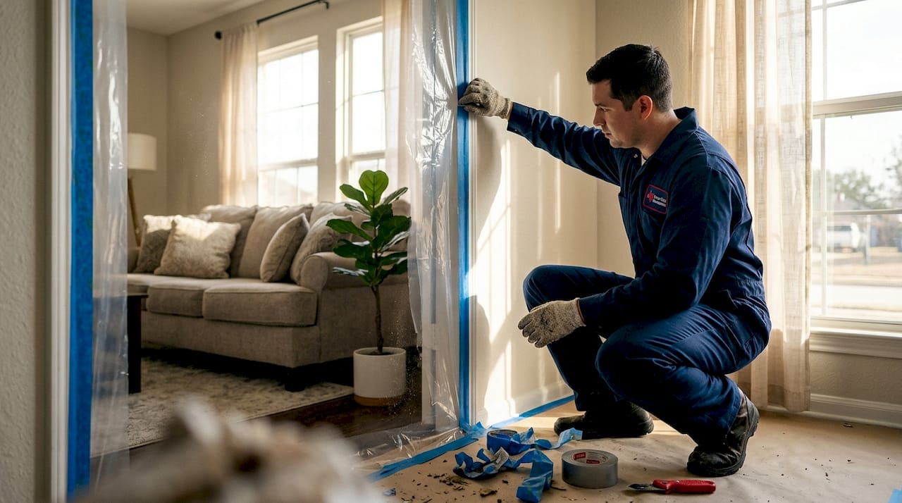 Technician securing containment barrier in home