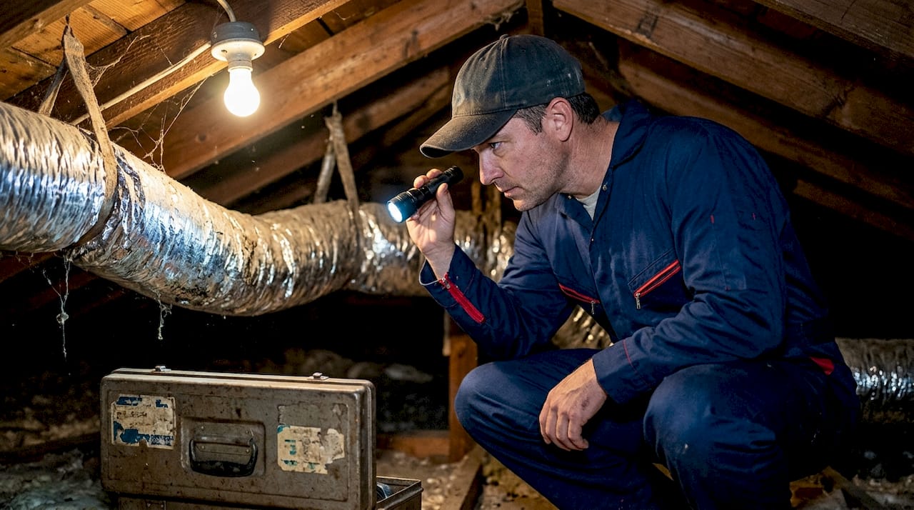 Technician checks attic HVAC ductwork for leaks