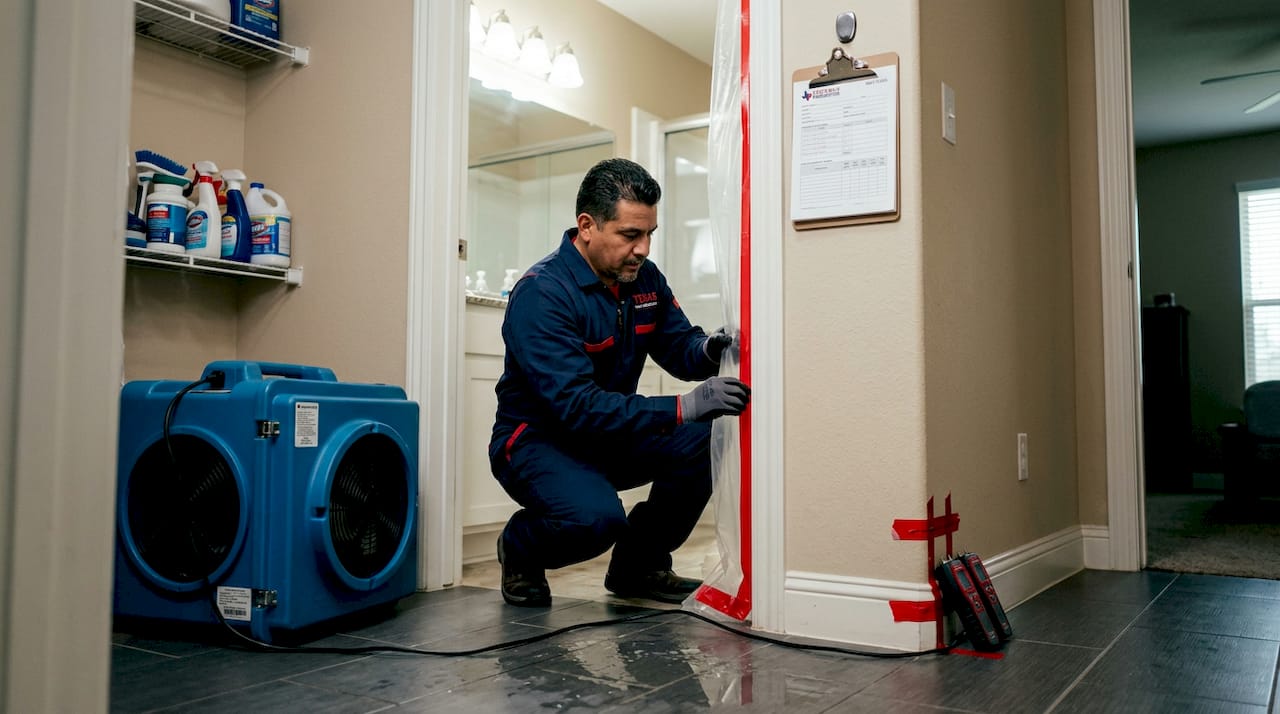 Mold remediation contractor sealing off rental bathroom