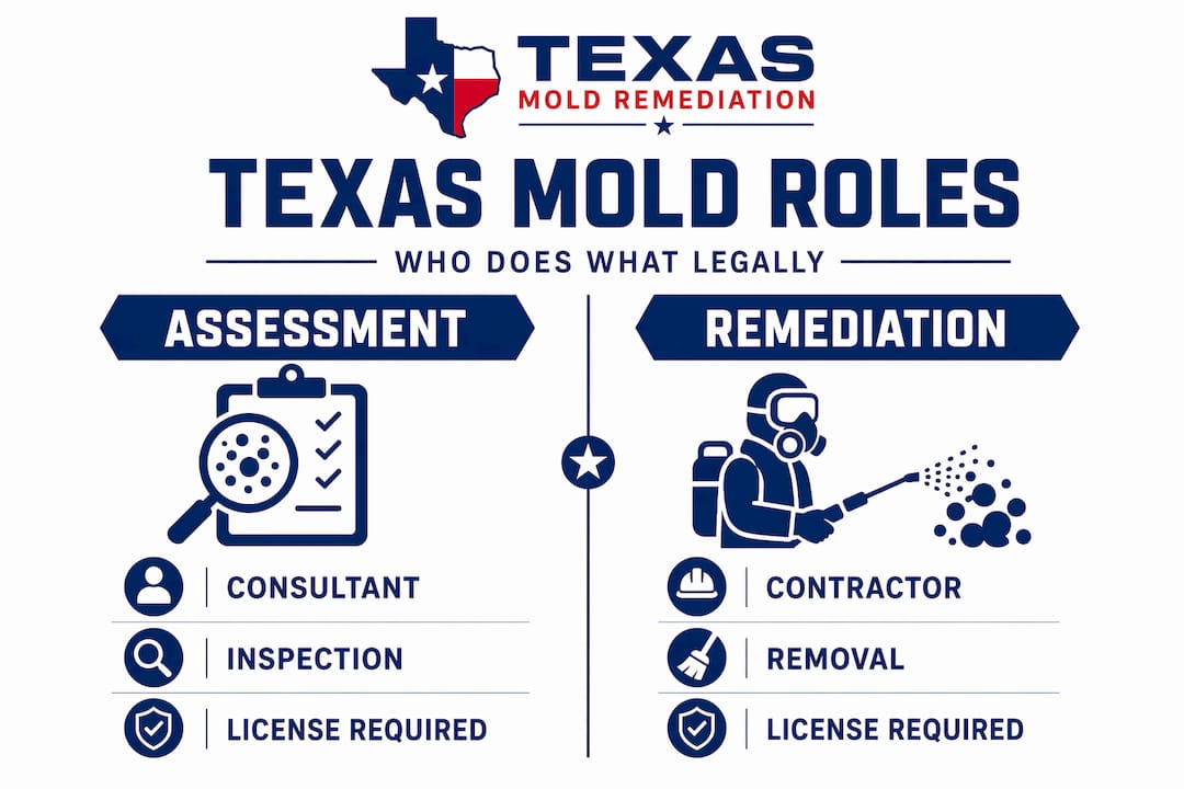 Split infographic on assessment vs. remediation roles in Texas mold law