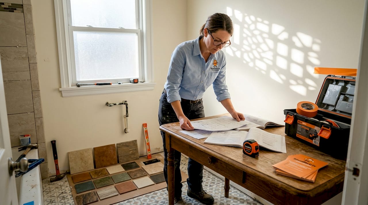 Building inspector comparing plans and construction on-site