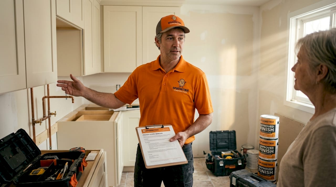 Contractor discussing remodeling scope on site