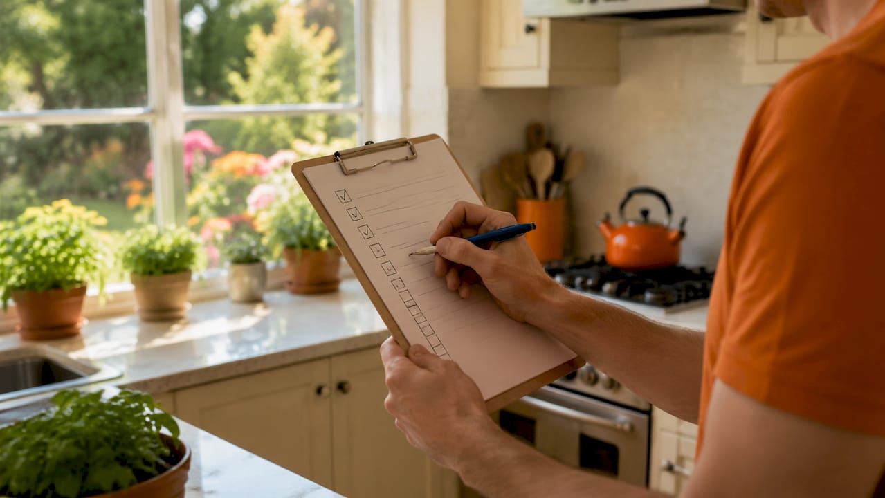 Close-up of hands marking home assessment checklist
