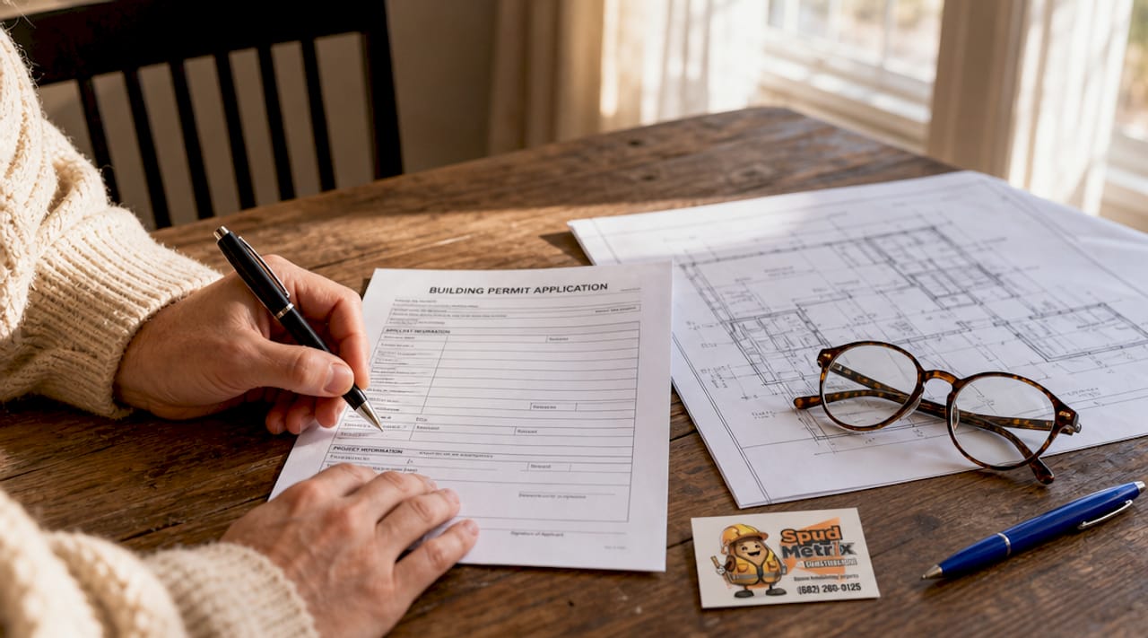 Hands reviewing remodeling permits and blueprints