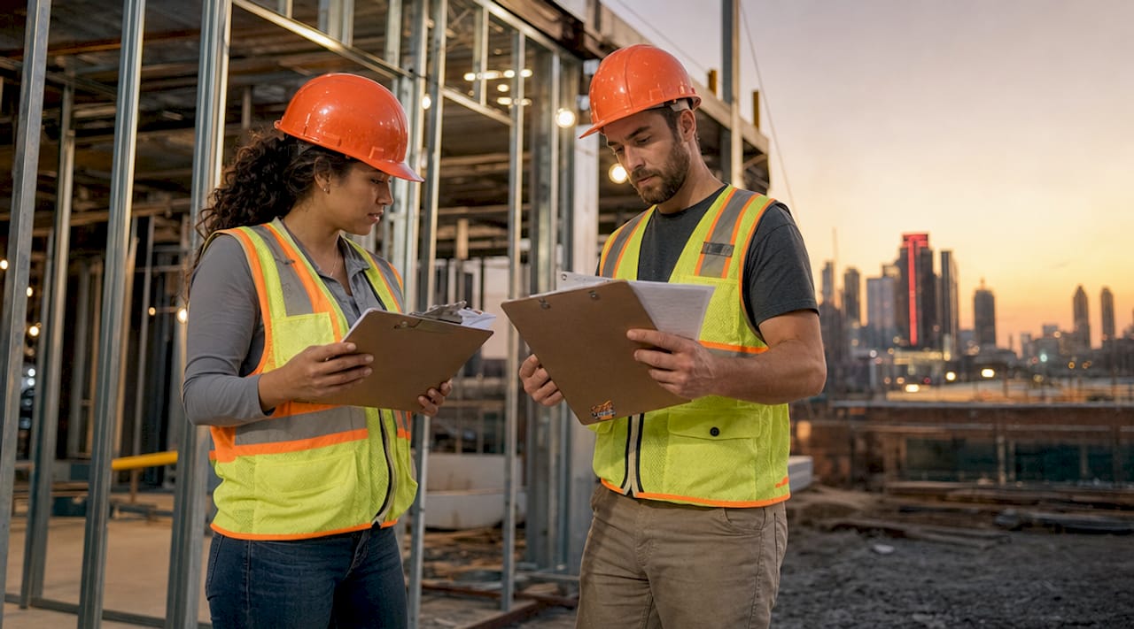 Contractors discussing insurance papers on construction site