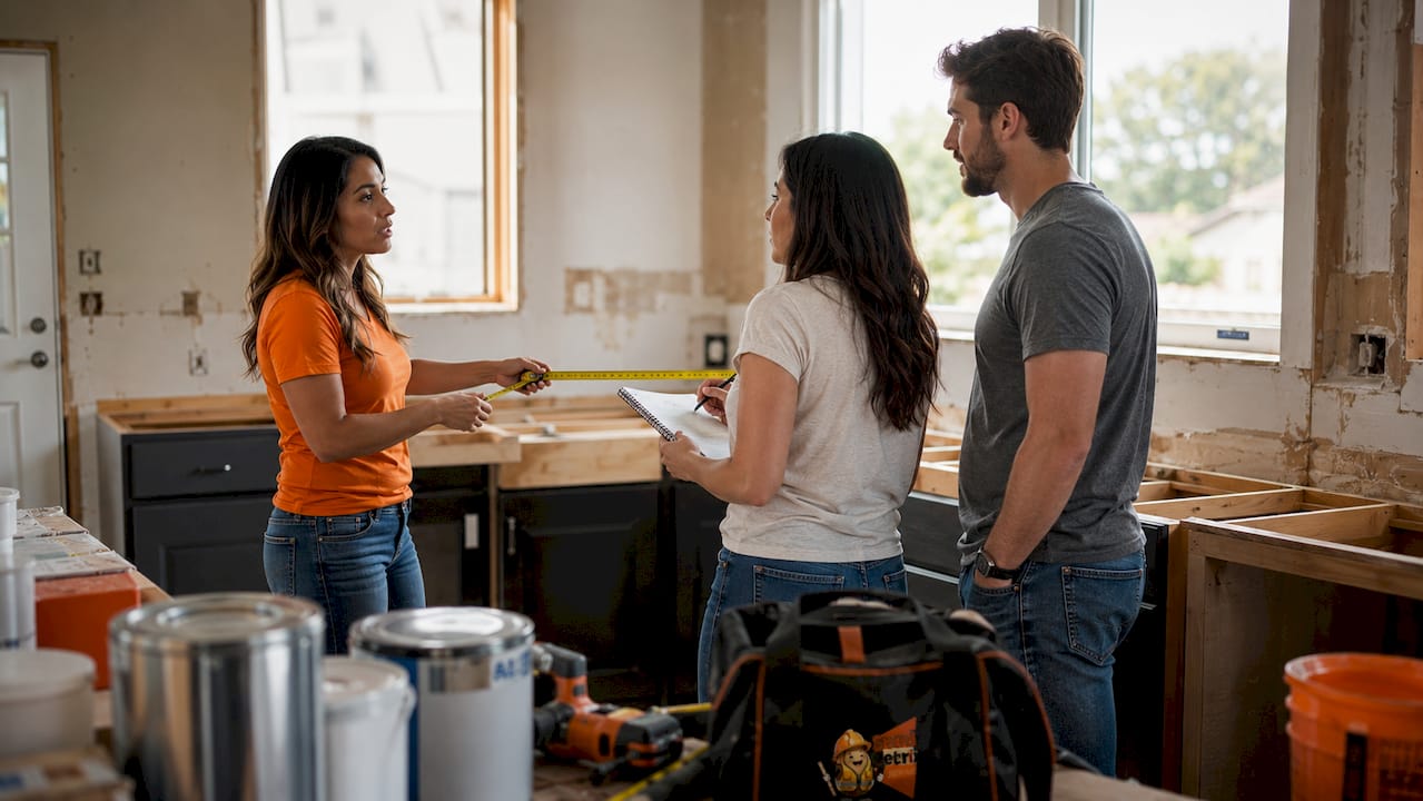Couple and contractor discussing remodel scope in living room