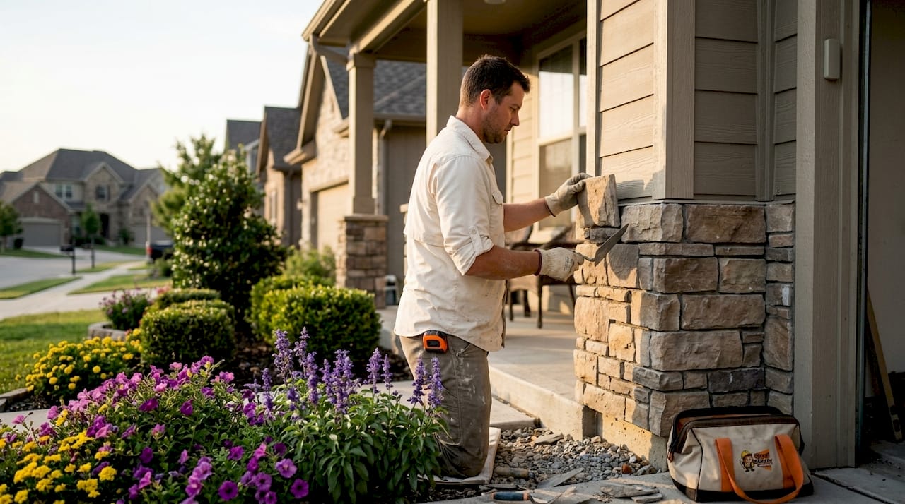 Contractor applying stone veneer for exterior upgrade